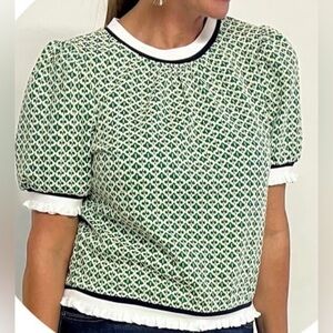 Voy Green Geometric Short Sleeve Sweater Sz L Preppy Retro Ruffle